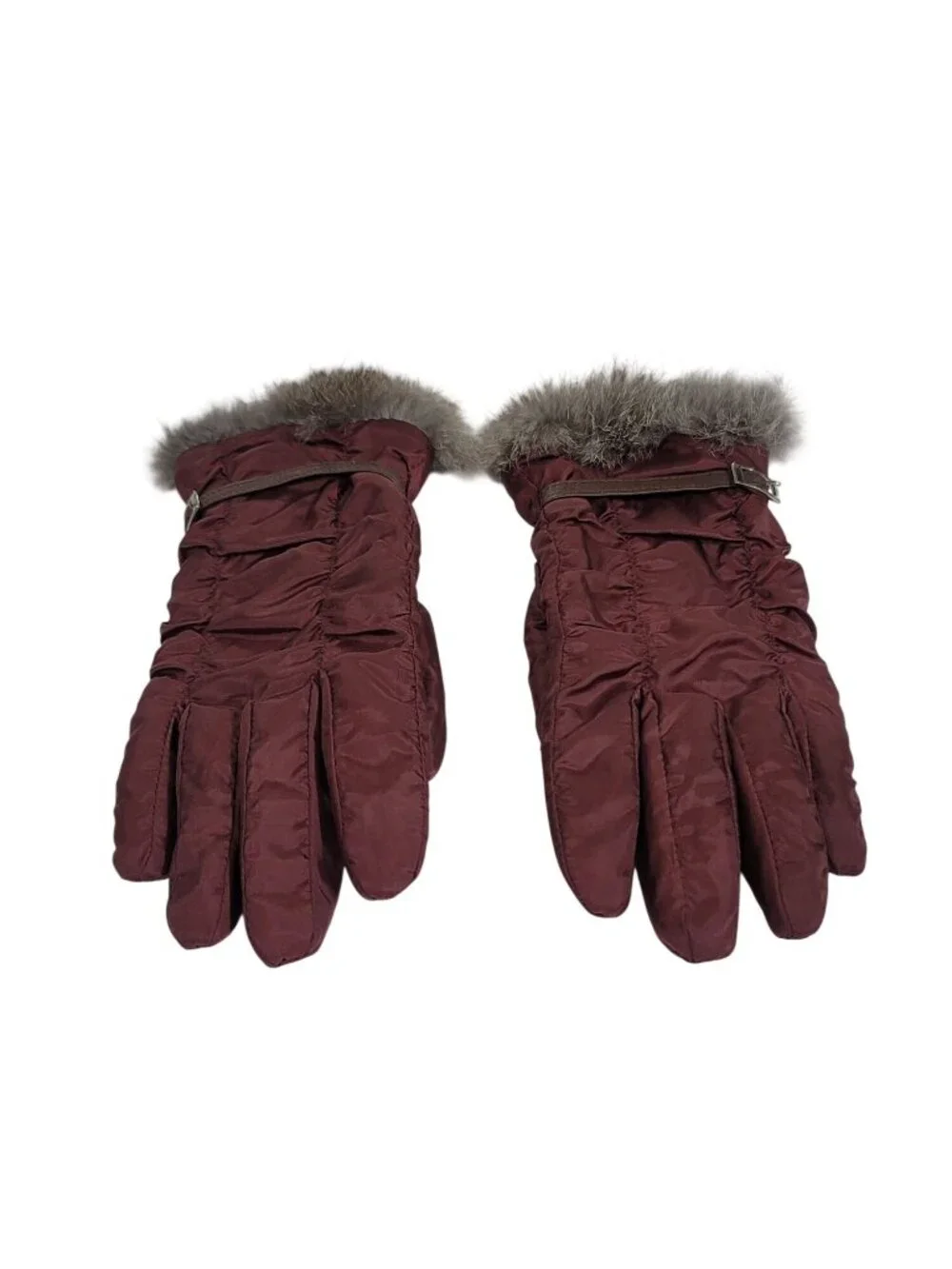 Womens Burgundy Gloves Faux Fur Trim Strap